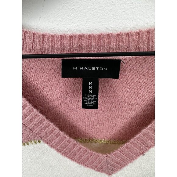 Halston Women Colorblock Stripe V-Neck Pullover Sweater Size Medium Gold Shimmer - Picture 4 of 7